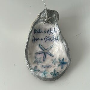 Starfish Decoupage Oyster Shell Ornament with Blue and silver Accents